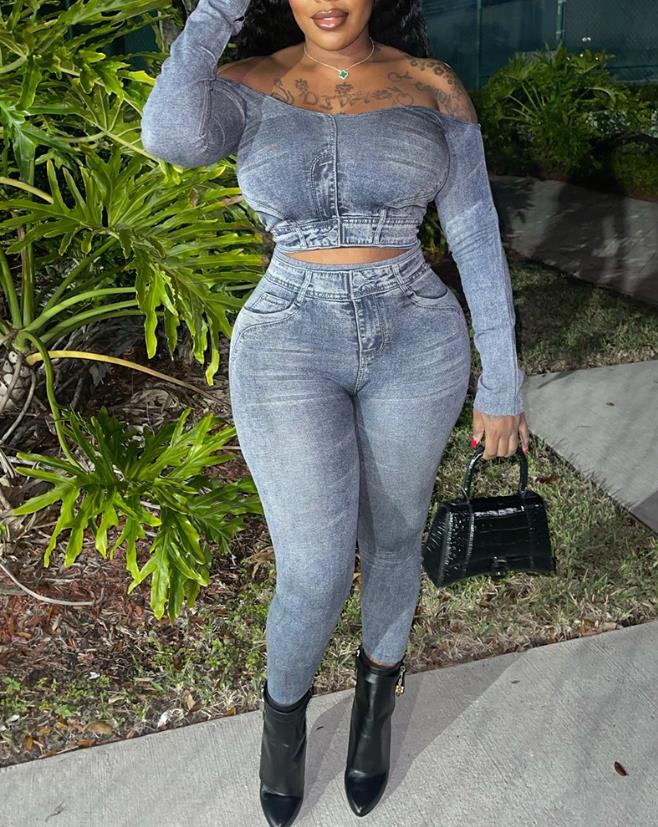 Tow Piece Set Women Summer 2023 Fashion Denim Look Print Off Shoulder Long Sleeve Top & Skinny High Waist Pants Set Streetwe
