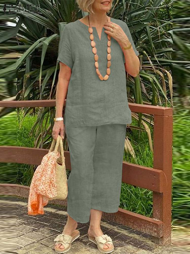 ZANZEA Casual Loose Everyday Pant Sets Top and Pant 2pcs Outfits Summer Short Sleeve Blouse Tracksuits Elastic Waist Trouser