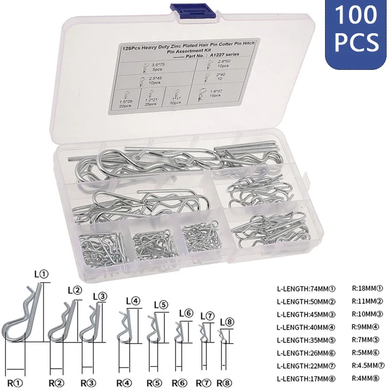 100 PCS Heavy Duty Carbon Steel Zinc Plated R Hitch Pin Tractor Clip Cotter Pin For Car Mechanics Garages Workshops