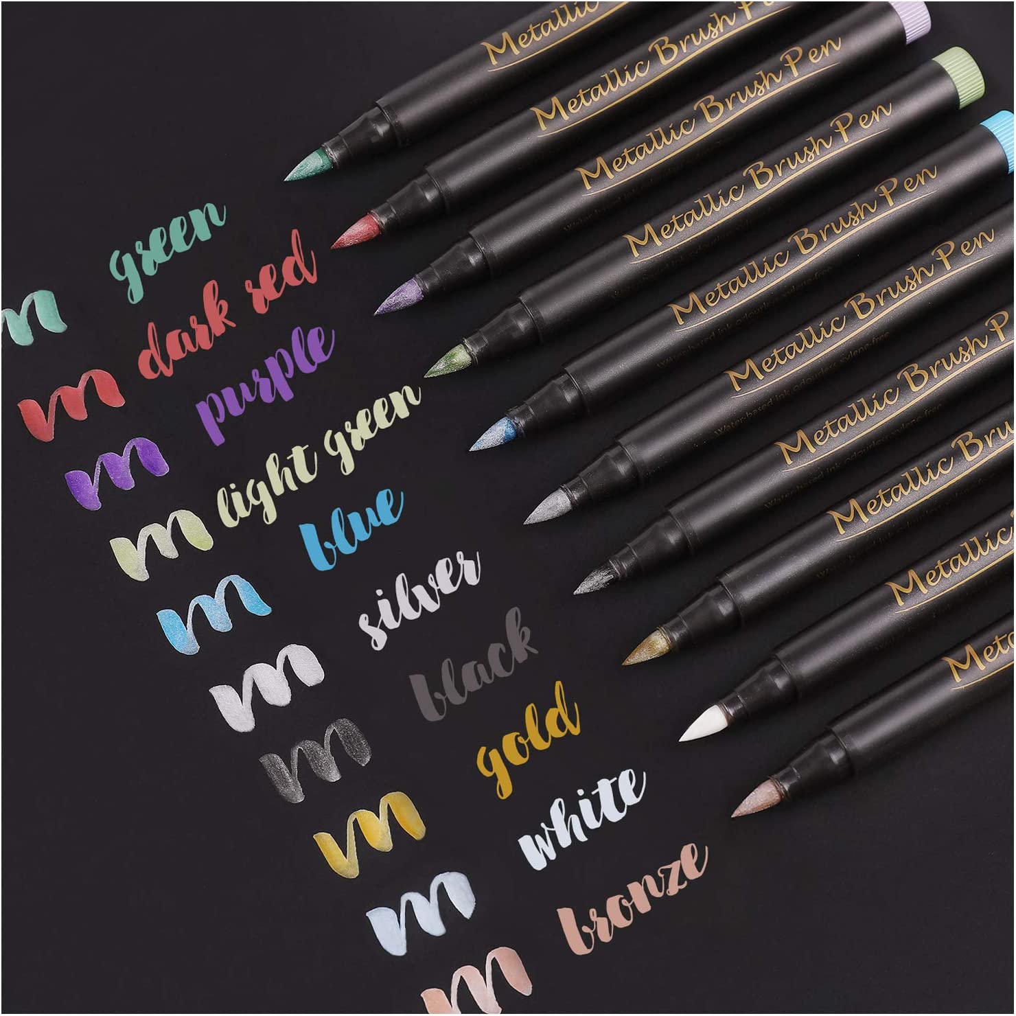 Metallic Brush Marker Pens 10 Color 2.0mm Tip Metallic Pens Art Marker for Calligraphy Brush Lettering Black Paper Rock Painting