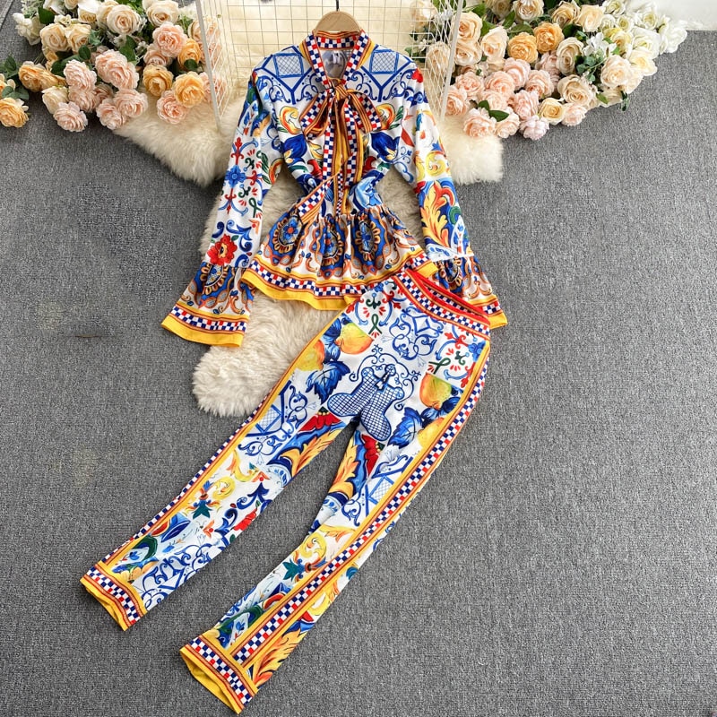 Summer Women’s Suit Two Piece Set 2023 New Women's Shirts Vintage Print Top and High Waist Wide Leg Pants Suit