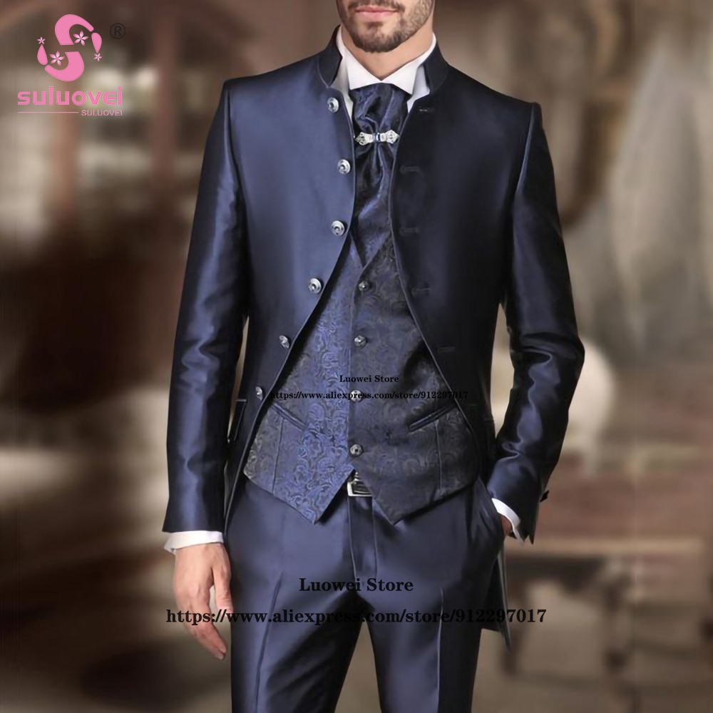 Luxury Jacquard Suits For Men Slim Fit Prom 3 Piece Jacket Vest Pants Set Formal Groom Wedding Tuxedo Costume Homme Pour Mariage
