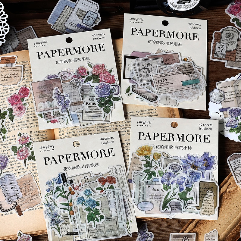 Card Lover 40 Pcs [Rose Flower Language Series] Vintage Journal Stickers Washi Paper Sticker Paper Scrapbooking Material Kit
