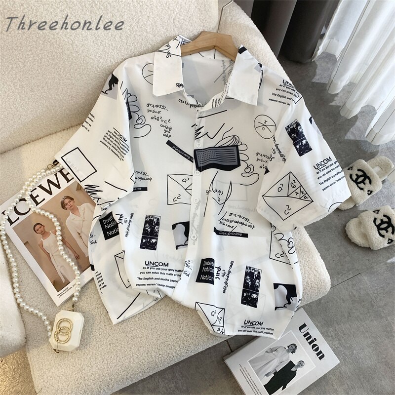 Summer Korean Retro Cartoon Print Short Sleeve Shirt Loose Ins Trend Boys Girls Couples Fashion Casual Holiday Street Style Top