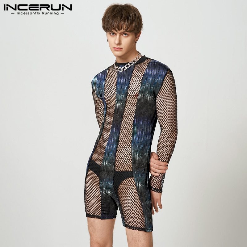 INCERUN 2023 American Style Handsome Men's Fashionable Flash Splicing Bodysuits Sexy Homewear Male Long Sleeved Jumpsuits S