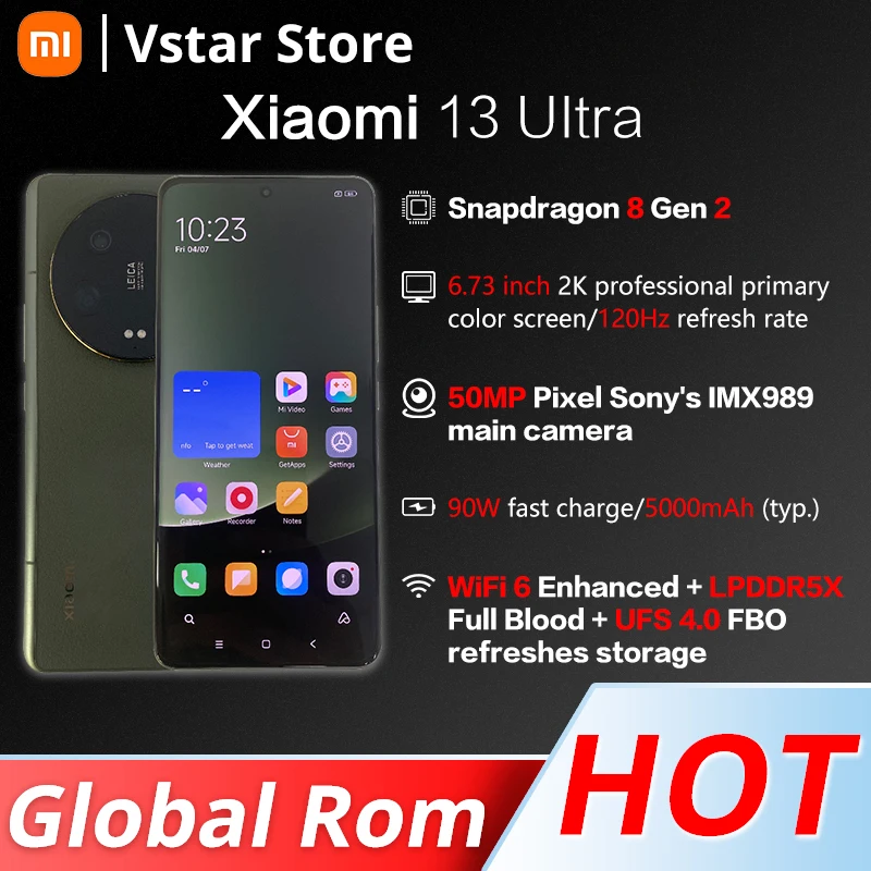 Xiaomi-13 Ultra 5G, 6.73 ", 2K OLED Flexible, Curved 120Hz Screen, Snapdragon 8 Gen 2, Octa Core, 50MP Quad Camera, Global 