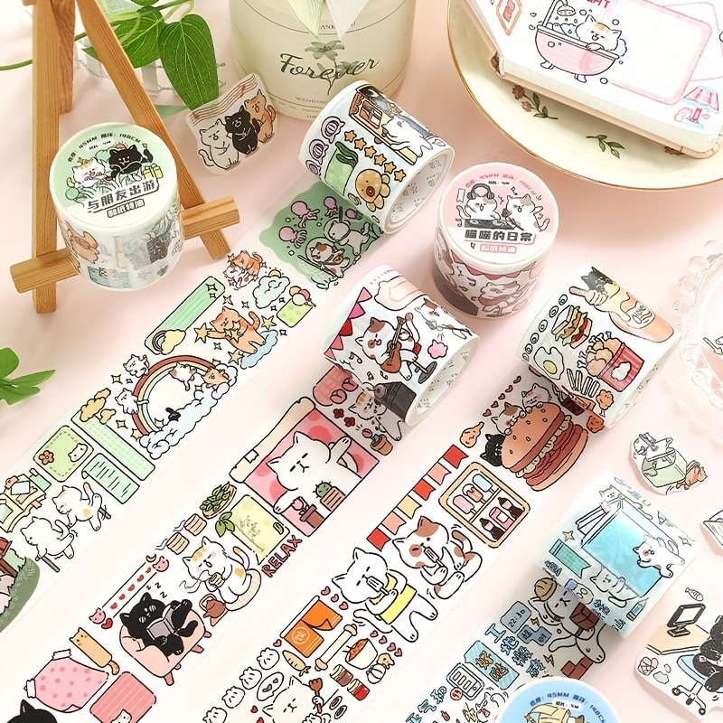 4 Rolls Cartoon Cute Cat Washi Tape Scrapbooking Tapes for DIY Decorative Material Collage Journaling