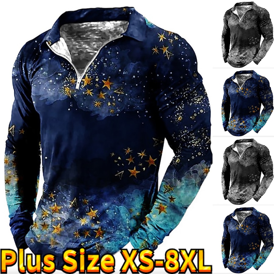 Fashion Lapel Long Sleeve T-shirt Tie-dyed Printed T-shirt Men's Zipper POLO Shirt New Top Men's Summer Casual Pullove