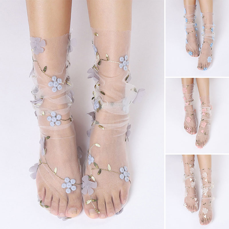 Simple Floral Lace Socks Women Girls Fashion Printed Tulle Socks Spring Summer Transparent Thin Mesh Socks Chiffon Lace Up Socks