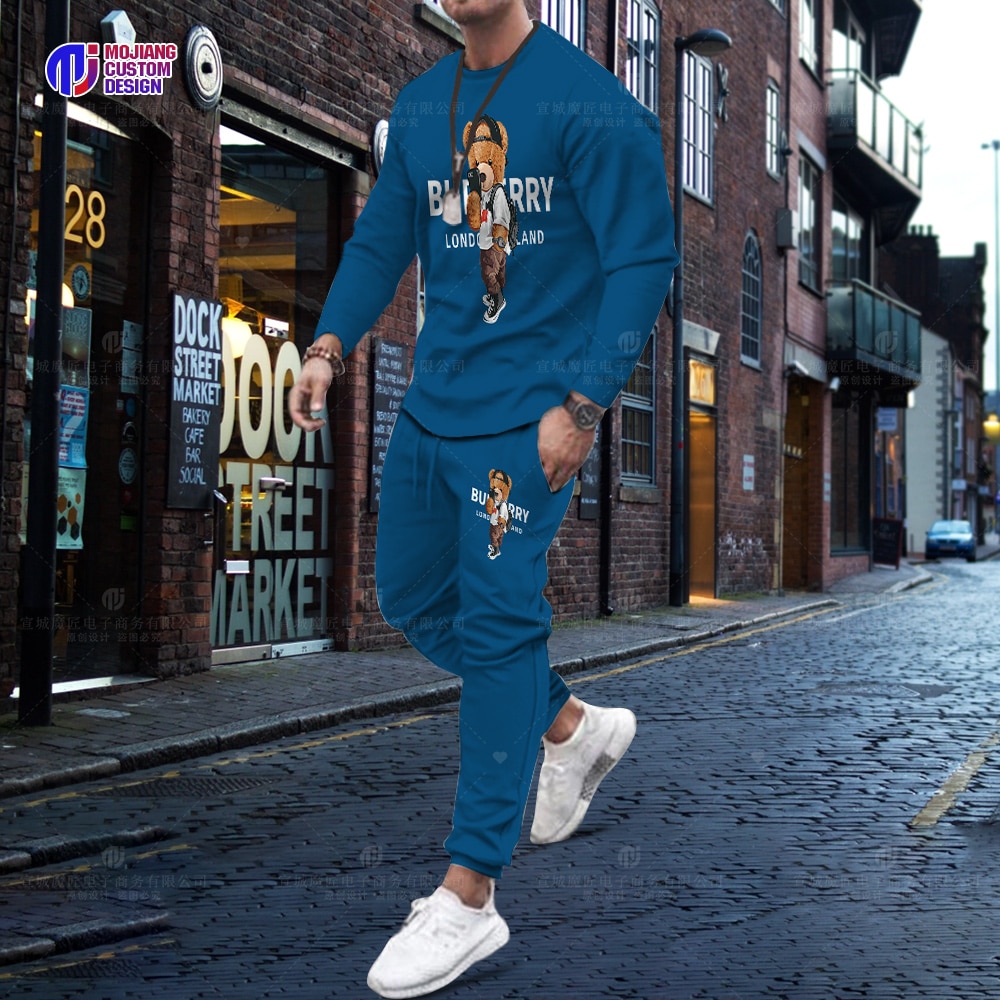 Hot Selling Korean Cotton Bear Long Sleeve T-Shirt Trousers Set Men Luxury 2 Piece Set Streetwear Summer Quality Sportswear
