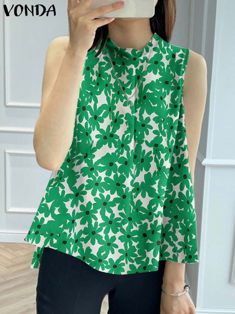 VONDA Summer Sleeveless Tops 2023 Fashion Shirts Women Bohemian Floral Printed Stand Collar Vintage Casual Blouses Loose Blusas