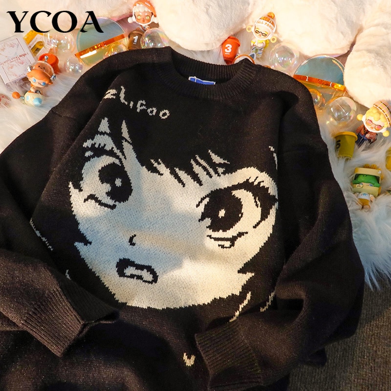 Woen's Sweater Juper Pullover Oversize Knitted Harajuku Long Sleeve Tops Streetwear Kawaii Cartoon Goth Winter Clothes