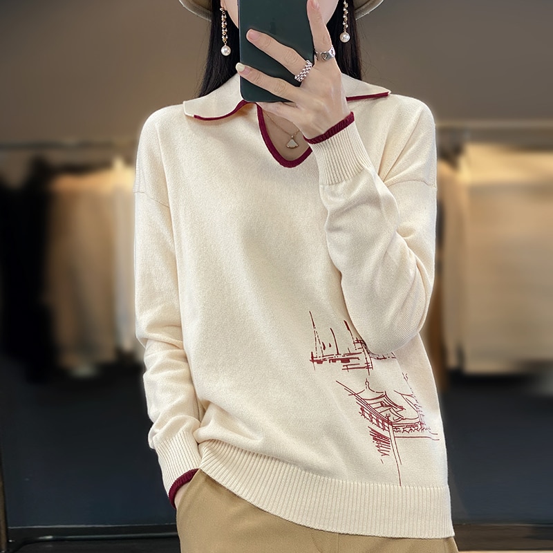 Spring And Autumn New 100% Cotton Knitted Women's Pullover Long Sleeve POLO Neck Fashion Loose Sweater Casual Top