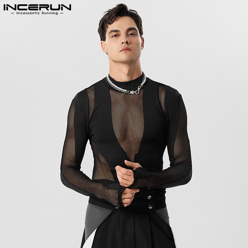 INCERUN Sexy Homewear Mens Mesh Hollow Splice Bodysuits Fashion Male Comfortable Tight Elastic Sleeve Finger Triangle Jumpsuits