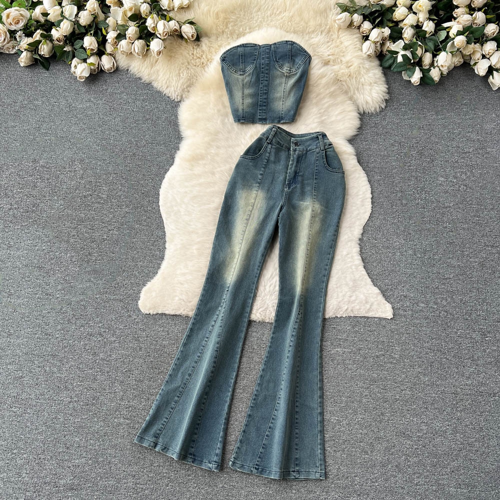 American Retro Spicy Girl Style Pure Desire Denim Crop Top and High Waist Flared Pants Two-Piece Set