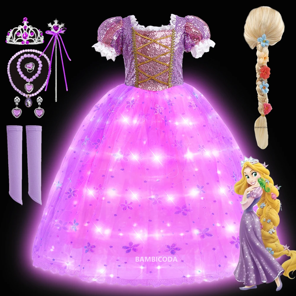 Princess Rapunzel LED Light Up Dress for Girls Kids Cosplay Party Clothes Carnival Evening Dresses Christmas Prom Gown