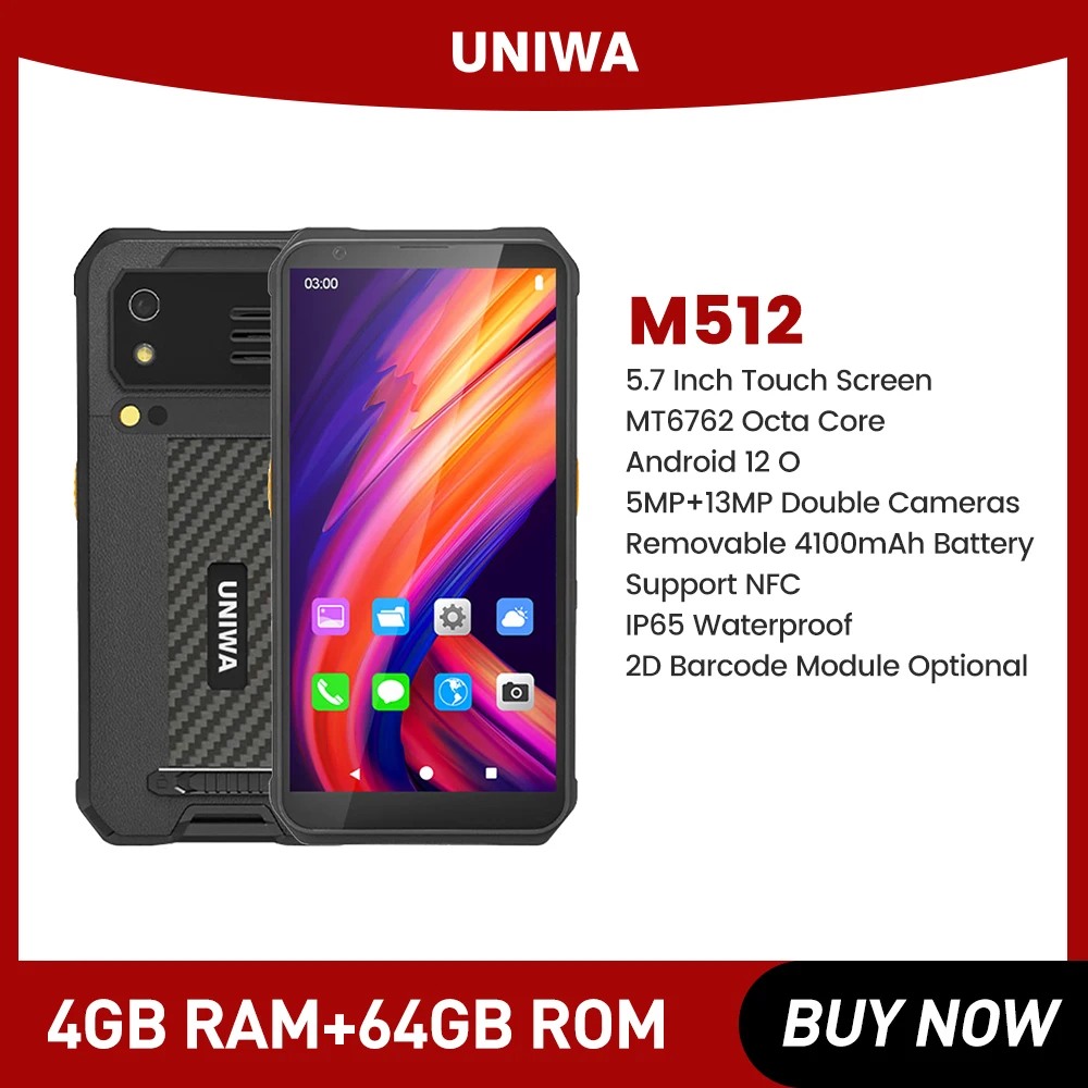 UNIWA-Octa-Core Cellphone, Android 12 Mobile Phone, 5.7 Inch, 13MP, IP65, 4100mAh, 4GB + 64GB, M512