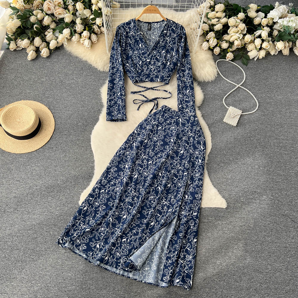 Spring New Holiday Women's Vintage Floral Sets Long Sleeve Casual Clothes V-Neck Top+Split Half Skirt Two Piece Suits Mujer