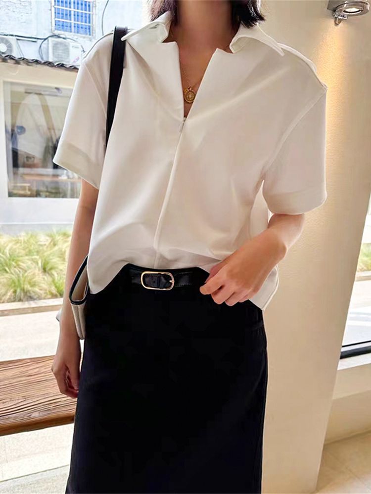 Women Half Zipper 100% Cotton Blouse 2023 Summer Female Turn-Down Collar Short Sleeve Loose Solid Color All-Match Shirt Tops