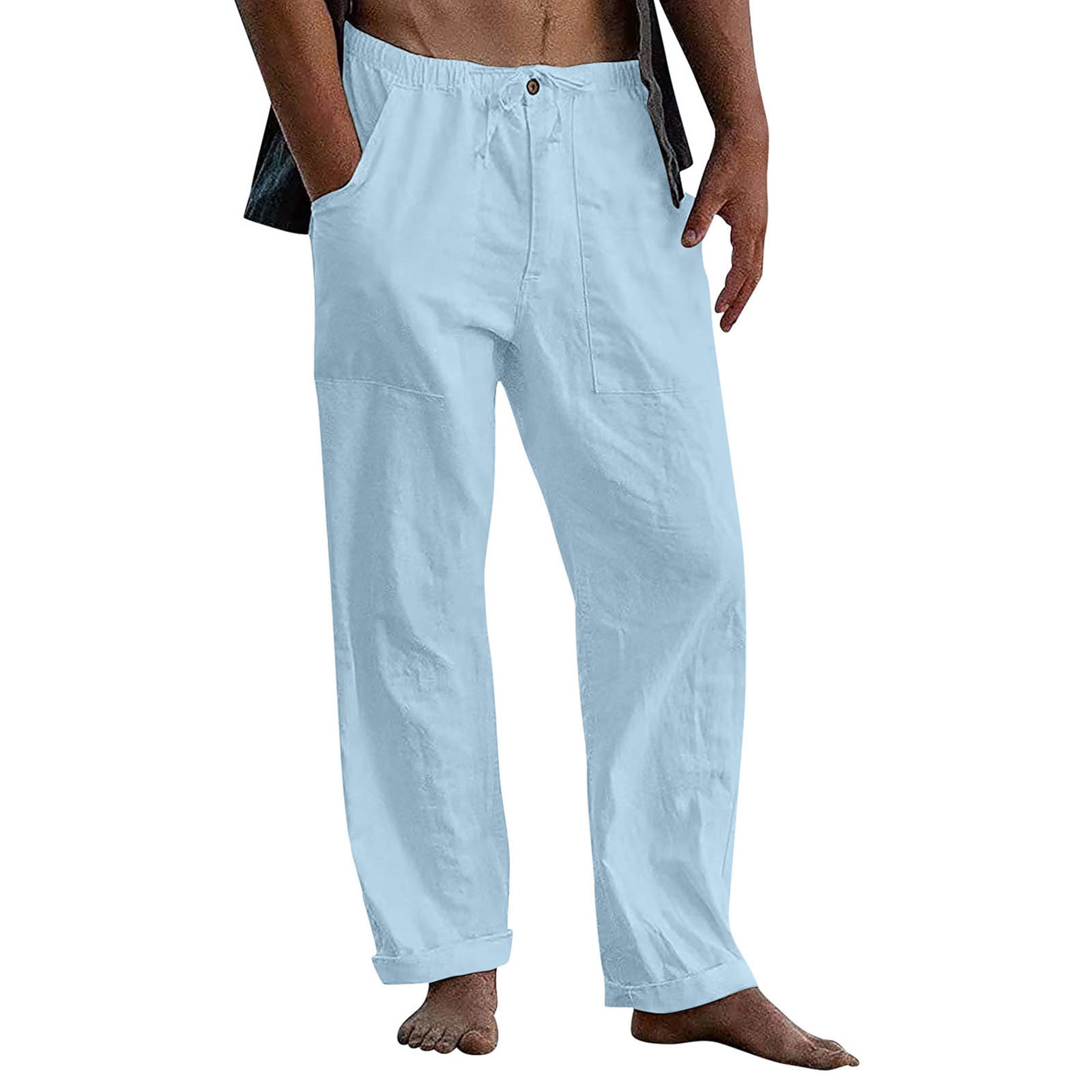Men's Cotton Linen Pants Summer Solid Color Breathable Imitation Linen Trousers Elastic Waist Fitness Pants Beach Sweatpant