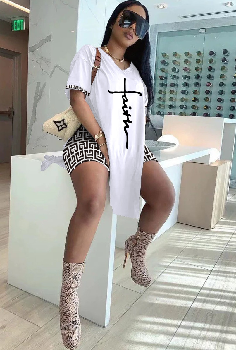 Summer Printed 2 Piece Set Women Casual Two Piece Outfit O Neck Short Sleeve Slit T Shirt Top Bodycon Shorts Suit Tracksuit
