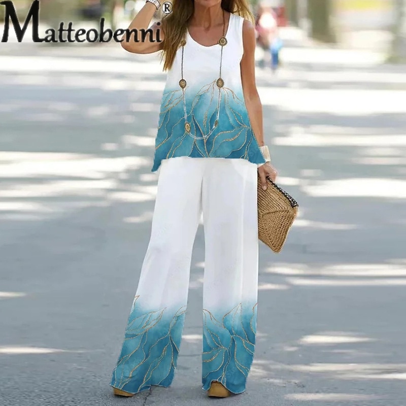 Elegant Plant Floral Print Two-piece Suit Female Summer Comfortable Casual Sleeveless Tops Elastic High Waist Pants Women's