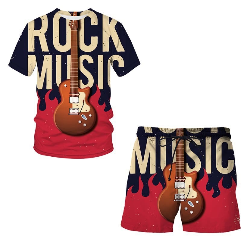 Classic Music Instruments Outfits Tracksuit Jazz T-shirt 3D Print Bass Guitar Men's T-shirt Shorts Sets Hip Hop Funko Pop C