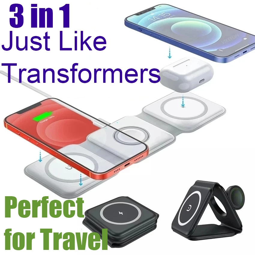 15W 3 in 1 Magnetic Wireless Charger Pad for iPhone 14 13 12 11 Apple Watch 8 7 6 AirPods Fast Wireless Charging Dock Station
