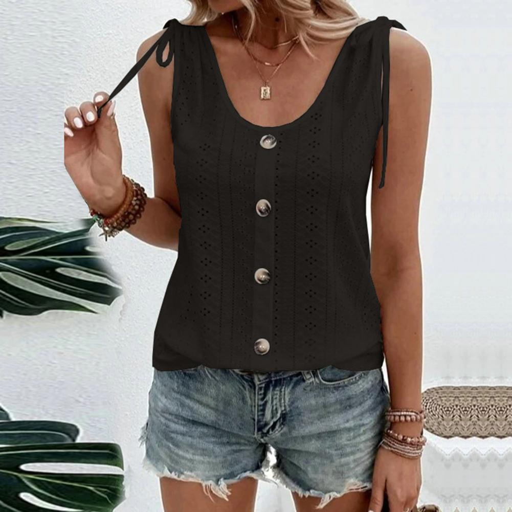 Women Vest Skin-touch Summer Vest Buttons Decor Simple Hollow Loose Vest Top Streetwear