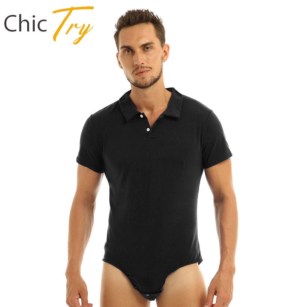 Men's One Piece Bodysuit Short Sleeve Turn-down Collar Shirts Press Button Crotch Romper Leotards Pajamas Underwear Catsuit