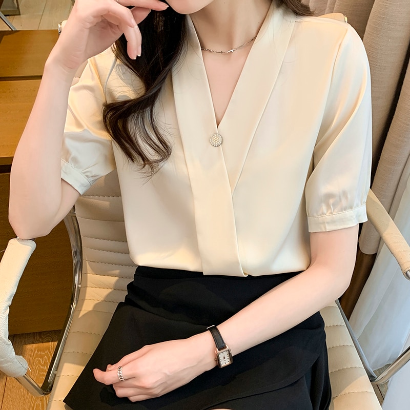 2023 Summer New Arrival Korean Style Versatile V-neck Short Sleeve Fashionable Chiffon Shirt Women's Summer Top