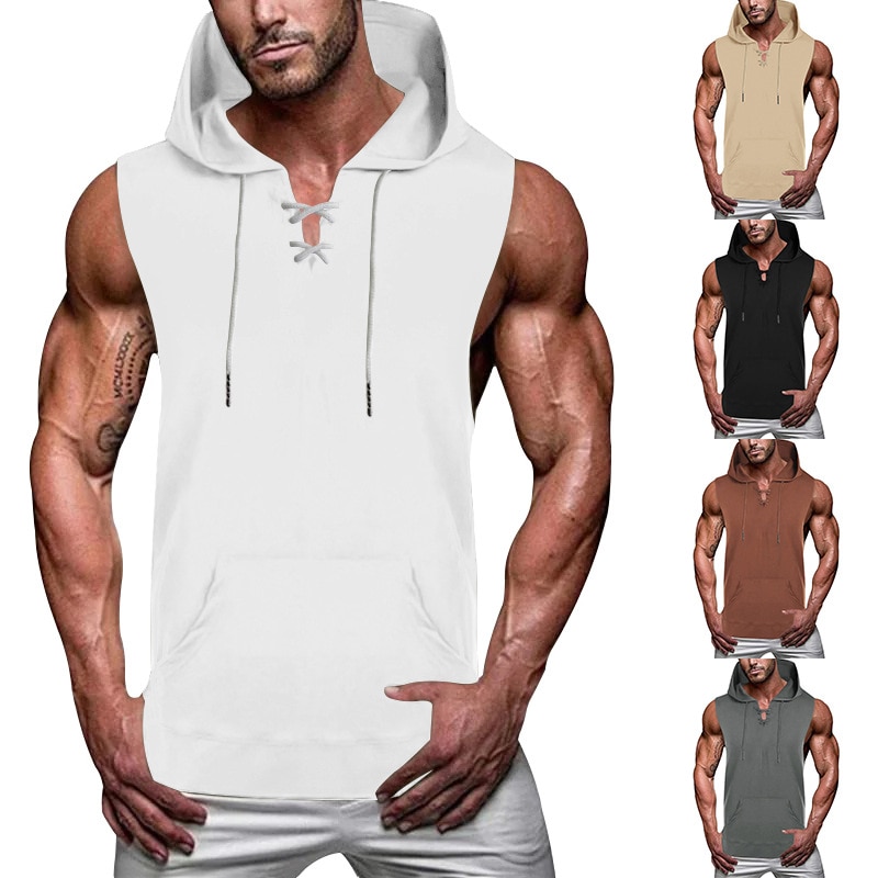 European And American Men's V-Neck Vest Loose Hooded Tie Casual Sleeveless Vest