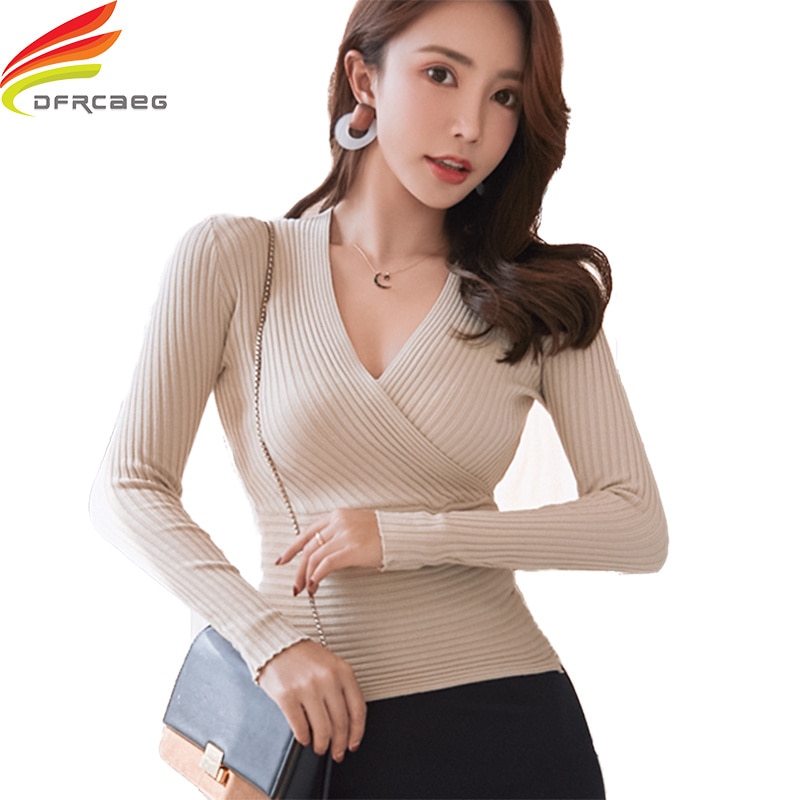2023 New Sexy Deep V Neck Sweater Women's Pullover Casual Slim Bottoming Sweaters Female Elastic Cotton Long Sleeve Tops Fe
