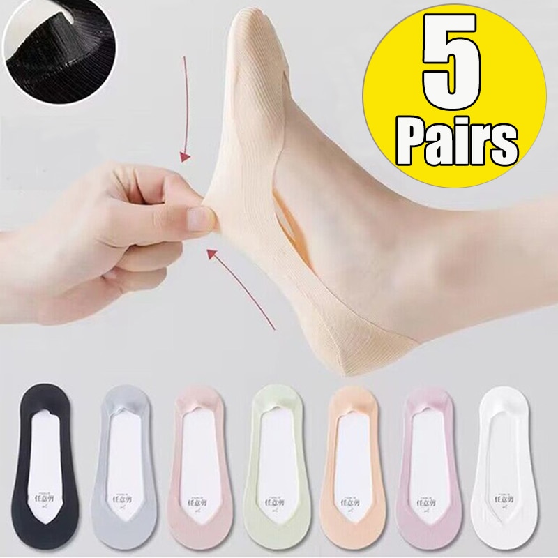 5pairs Silicone Anti-slip Invisible No Show Socks Summer Ultra-thin Breathable Sock Slippers Solid Ice Silk Low Cut Boat Socks