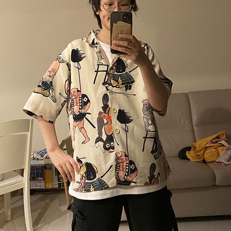 Streetwear Vintage Y2K Print Shirt Cute Hawaii Beach Casual Blouses Mens Oversized Short Sleeve Summer Tops Hip Hop Harajuku Tee