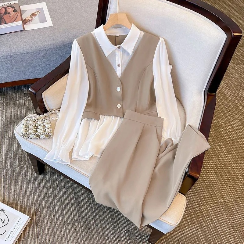 2023Early Autumn Fashion Suit Women's European Goods Temperament Show Thin Shirt Straight Pants Casual Women's Two-Pie
