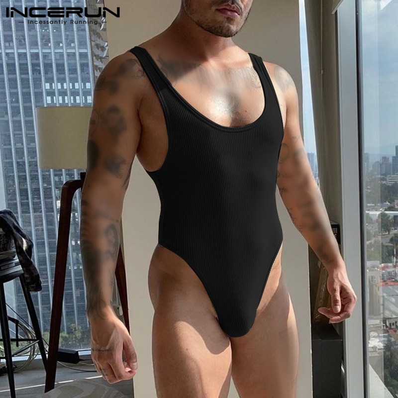 Fashionable Homewear Bodysuit INCERUN Mens Solid Comfortable Well Fitting Rompers Sexy All-match Pinstripe Sleeveless Jumpsuits