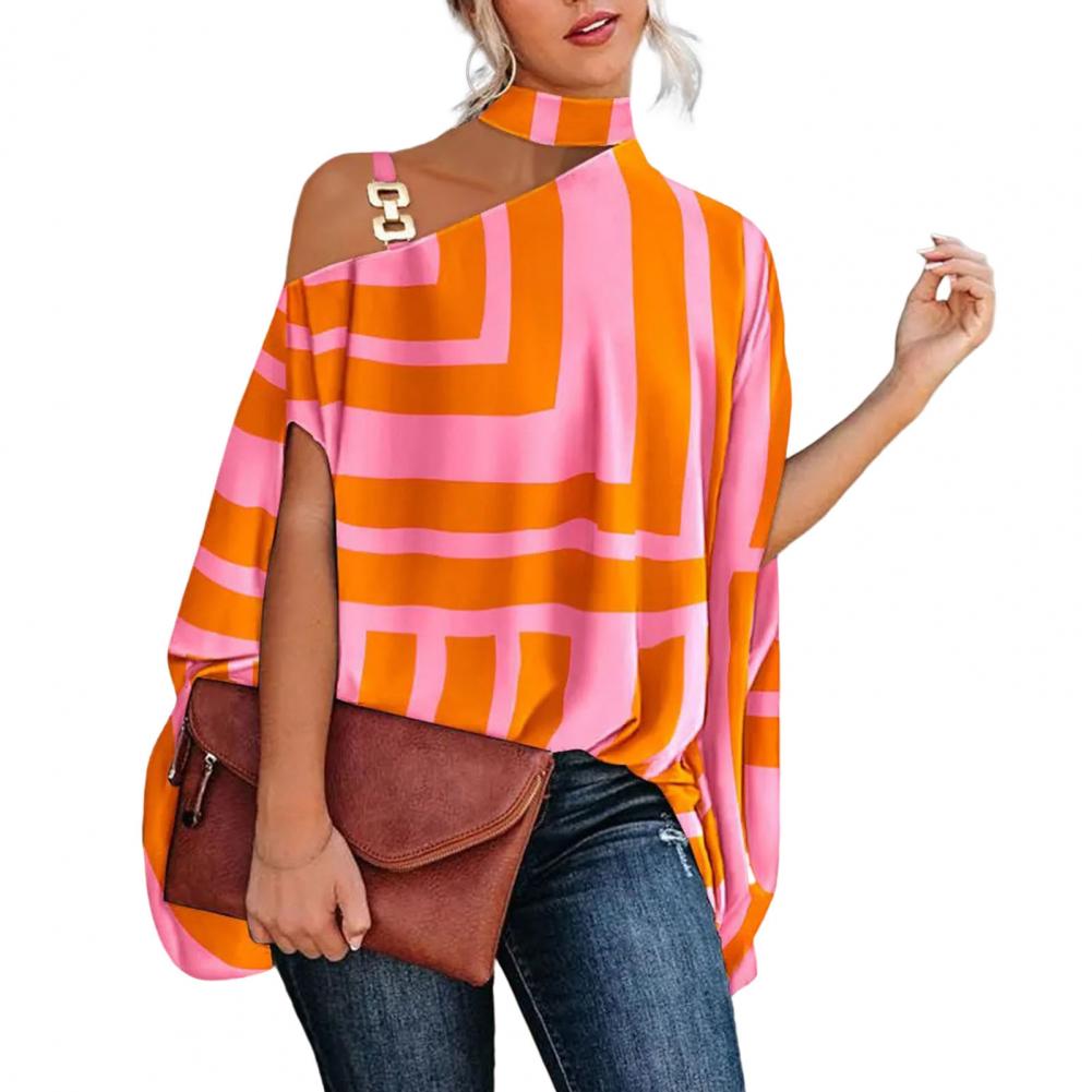 Women Blouse Batwing Sleeve Stand Collar Print Casual Loose Women Off Shoulder Shirt for Summer