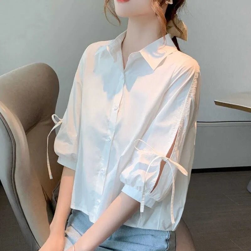 High end versatile spring/summer loose and breathable blouse lantern sleeve shirt female bow Korean version shirt blouse female