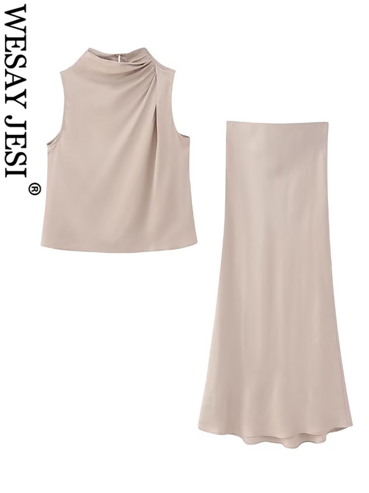 WESAY JESI TRAF 2023 Women Fashion Summer Two Piece Sets Solid O-neck Sleeveless Vest And Ruffles Midi Skirt Female Chic Suits