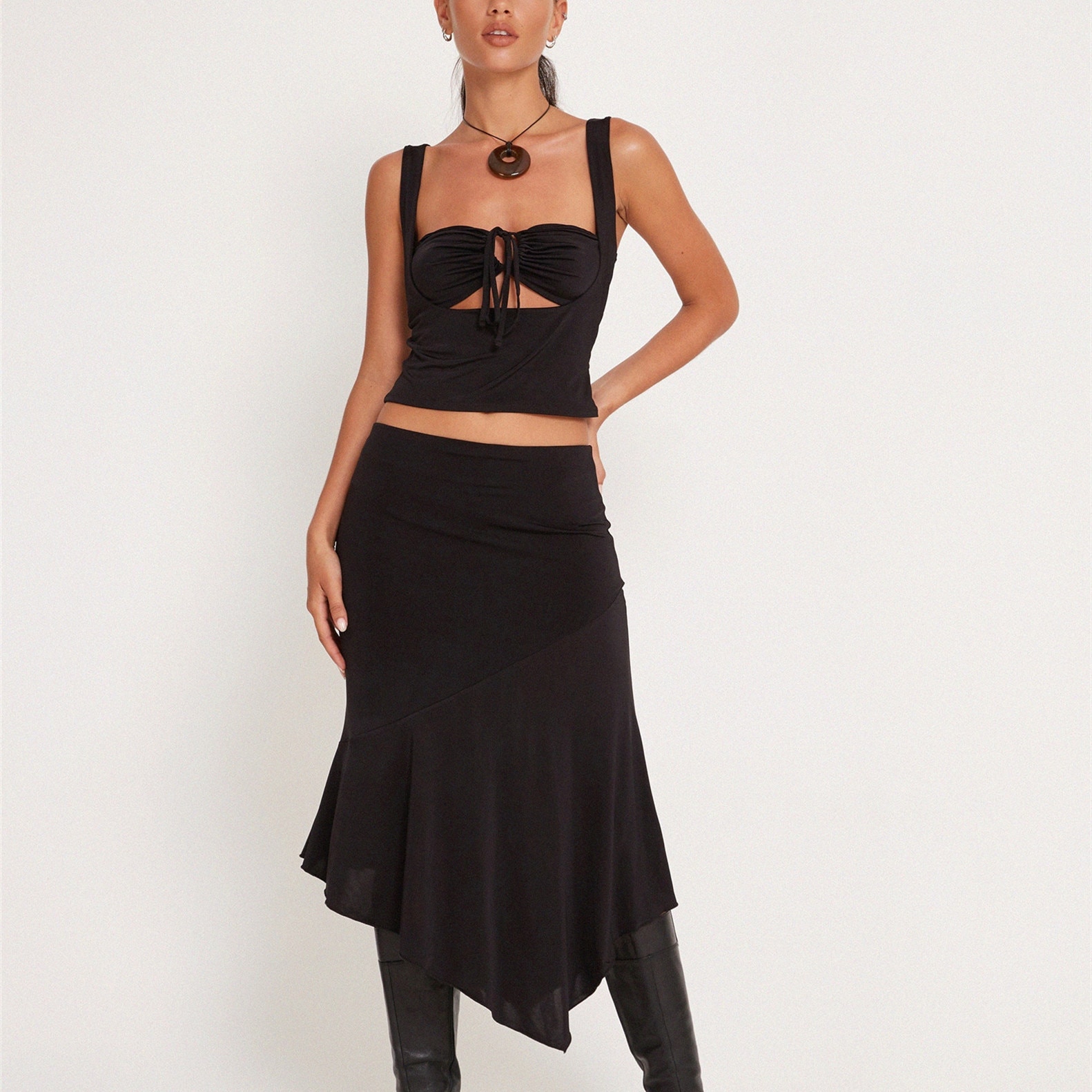 Hirigin Women's Summer 2PCS Outfit Sets Sleeveless Skinny Tie Up Tank Tops + Black Irregular Hem Long Skirt Party Club Outf