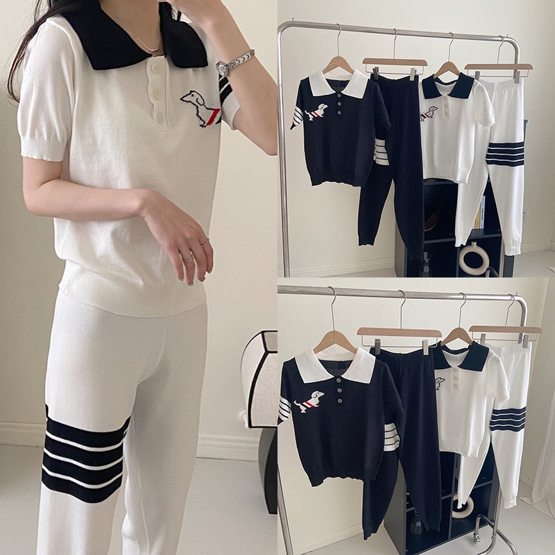 High Quality Korean Style Spot 2023 Summer TB Puppy Jacquard Short Sleeve Polo T-shirt+Casual Sports Pants Set