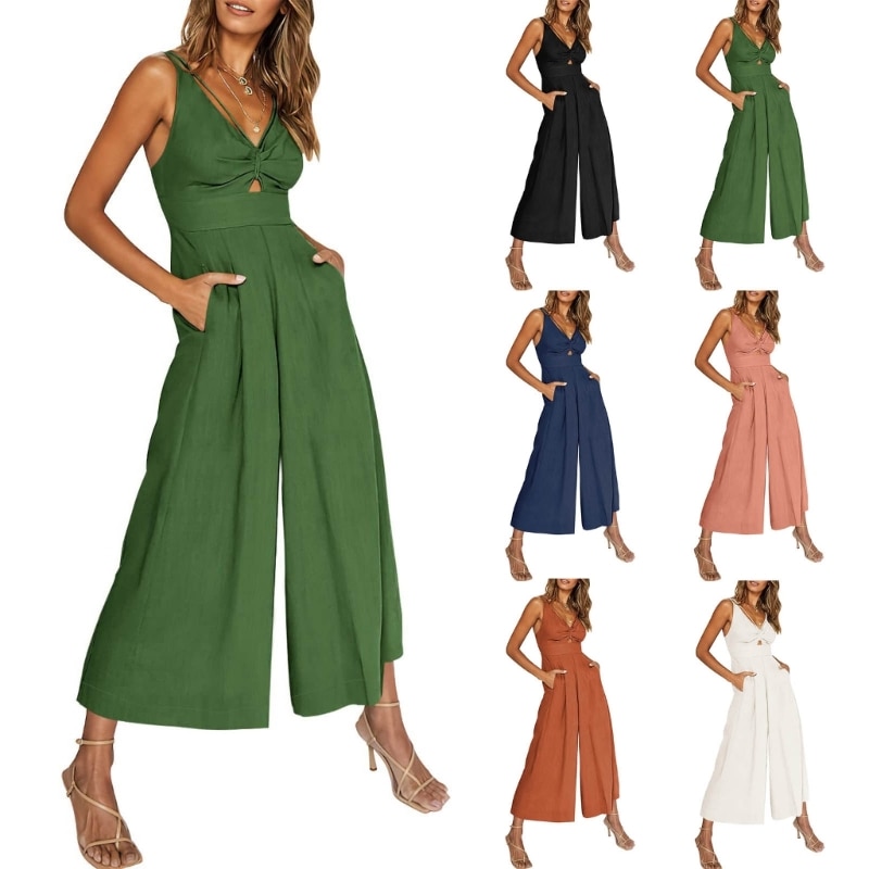 Pullover Sleeveless Hollows Jumpsuits Tik-Tok Style Romper Solid Color Cloth DropShip