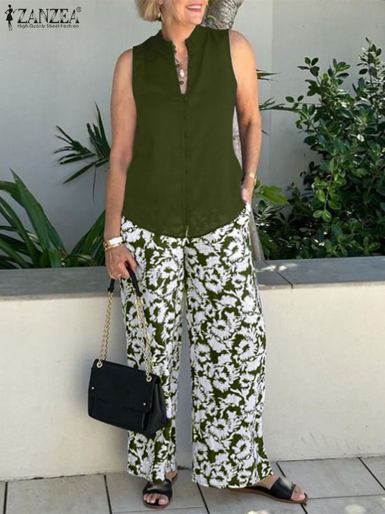2pcs Women Sleeveless Blouse Wide Leg Trouser Suits ZANZEA Summer Bohemian Floral Printed Pant Sets Loose Matching Sets Outifits