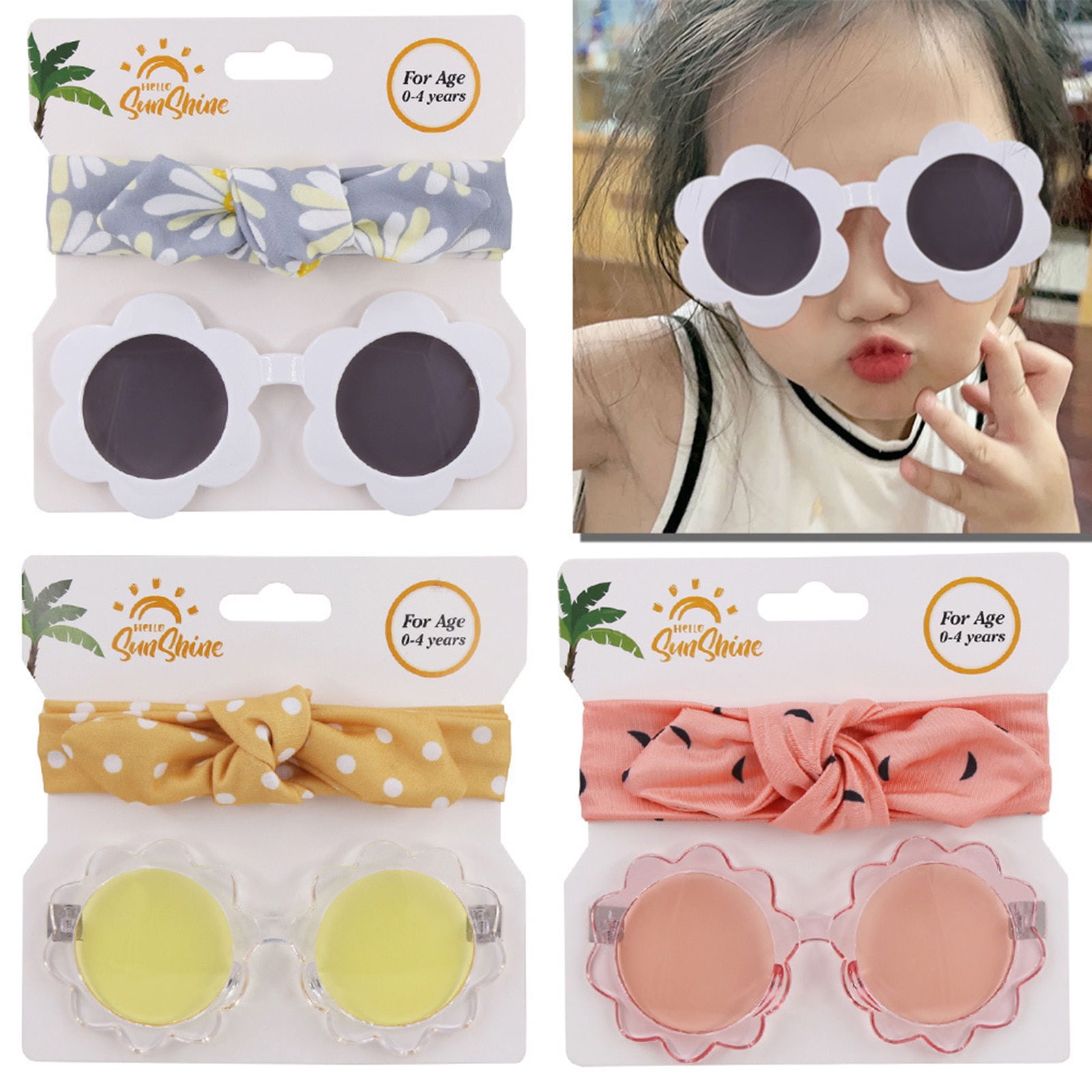 Kids Sunglasses Headband Set Fashion Floral Fruits Print Headwear Anti-UV Glasses Children Outdoor Sunglasses for Girls 0-4Years