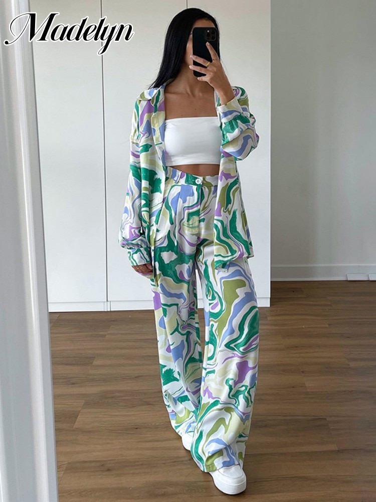 Two Piece Sets Womens Outifits Fashion Tops Casual Trend Wide Leg Pants Printing Set Women 2 Pieces Ladies Shirt Suit for Spring