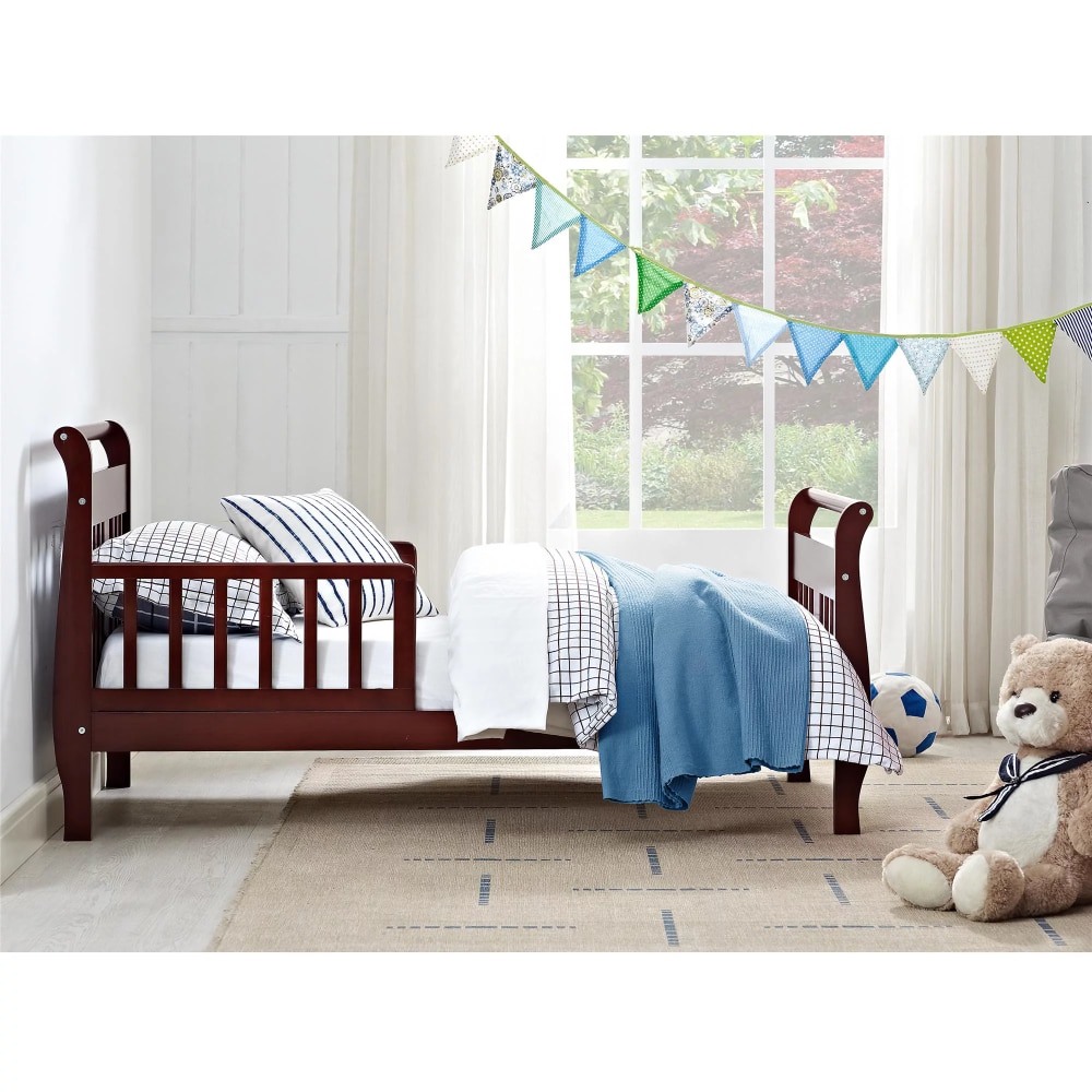 Sleigh Kids Wood Toddler Bed with Safety Guardrails, Cherry