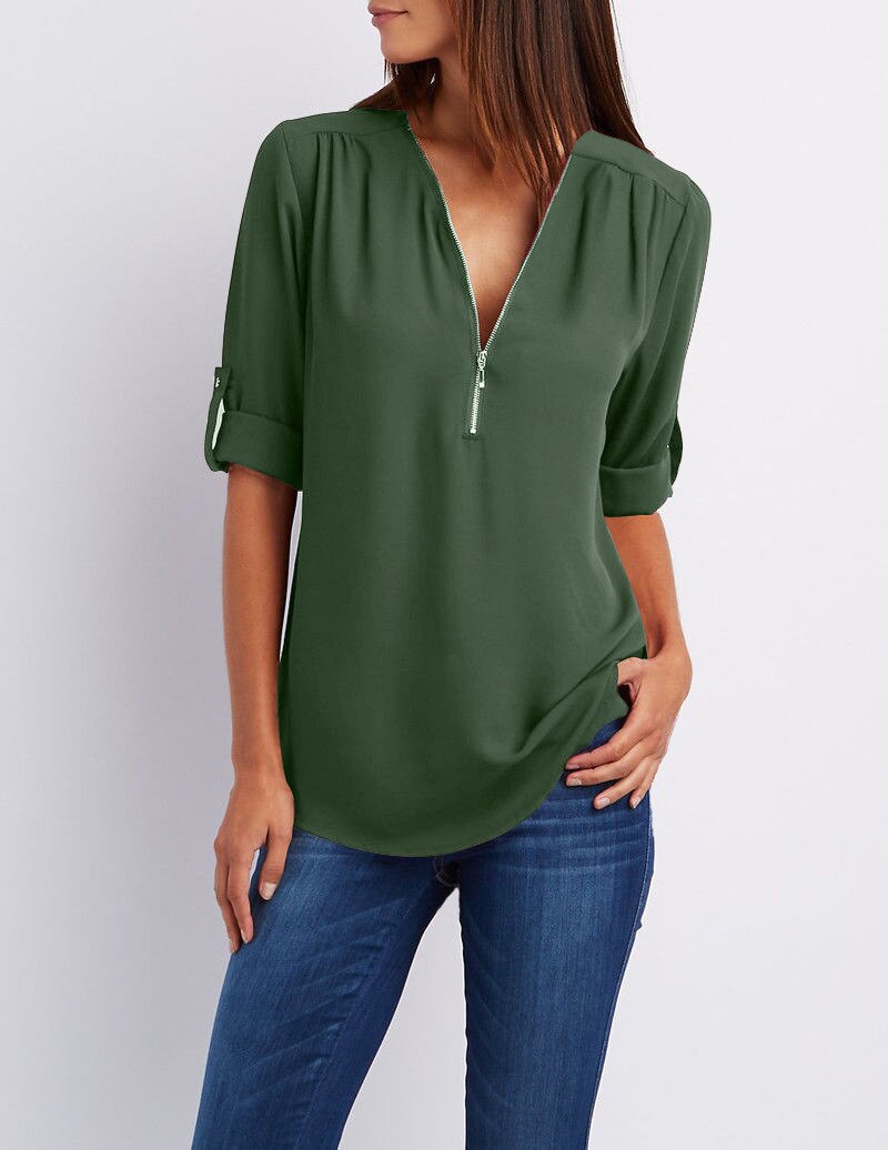 Fashion Elegant Luxury Woman Blouses 2022 Summer Orange V-neck Plus Size T-shirts Zipper Women Long-sleeved Loose Chiffon Shirt