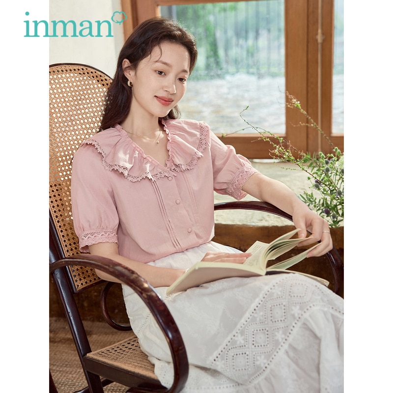 INMAN Women Blouse 2023 Summer Puff Sleeve V Neck Loose Shirt Flounces Design Hollow Embroidery Lace French Gentleness Tops