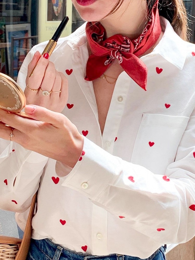 Heart Print White Shirt Women Patchwork Loose Crop Top Causal Cardigan Aesthetic Clothing Summer Fashion Hot Camisas De Mujer